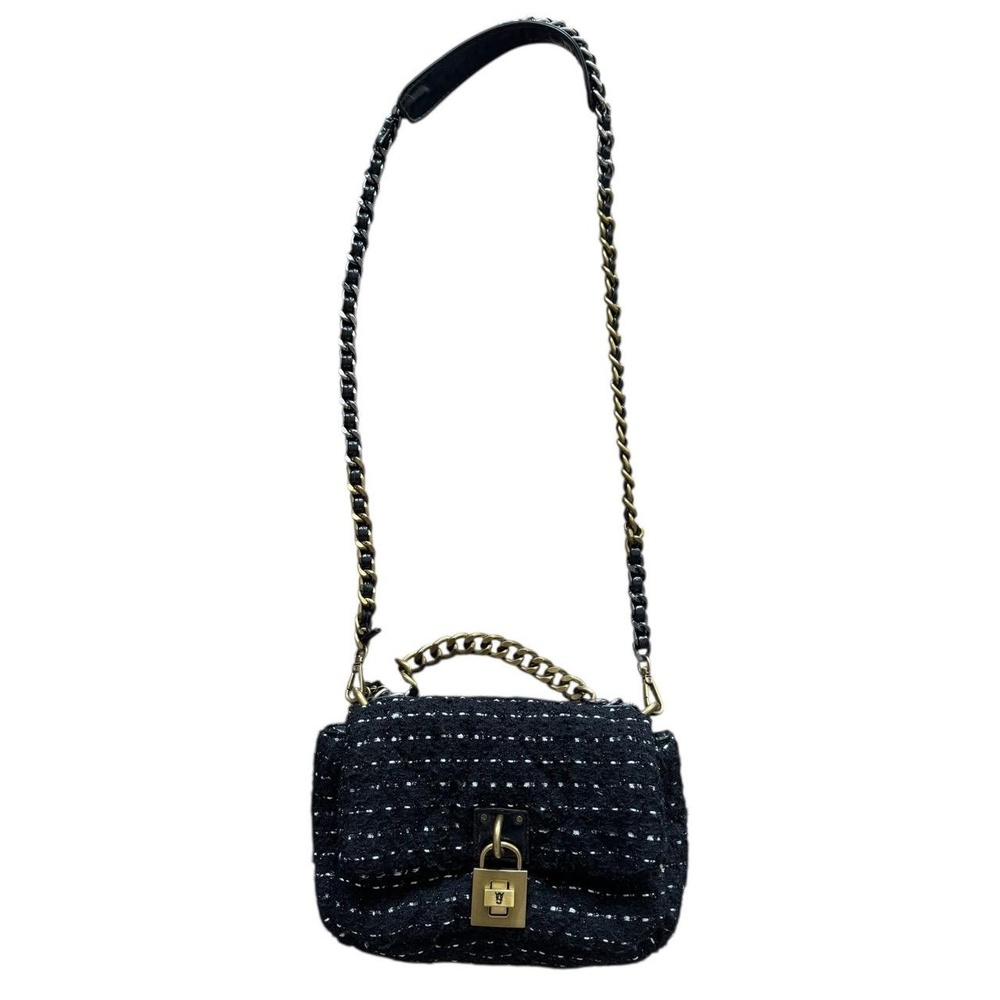 Steve Madden Bterra Black Tweed Crossbody Bag Two Tone Chain Twist Lock Flap